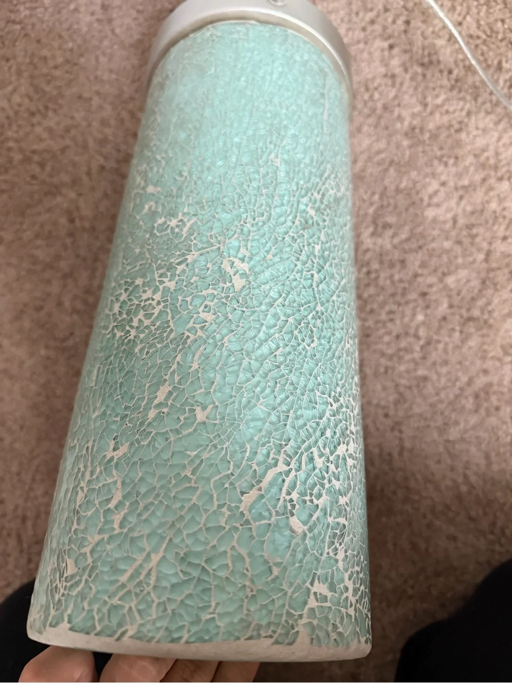 Turquoise Aqua Crackle Glass Cylinder Table Lamp Mid Century Style Light 13